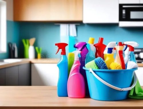 bucket-cleaning-items-wooden-table-blurry-modern-kitchen-kjkwashing-set-colorful-copy-space-banner-324357355